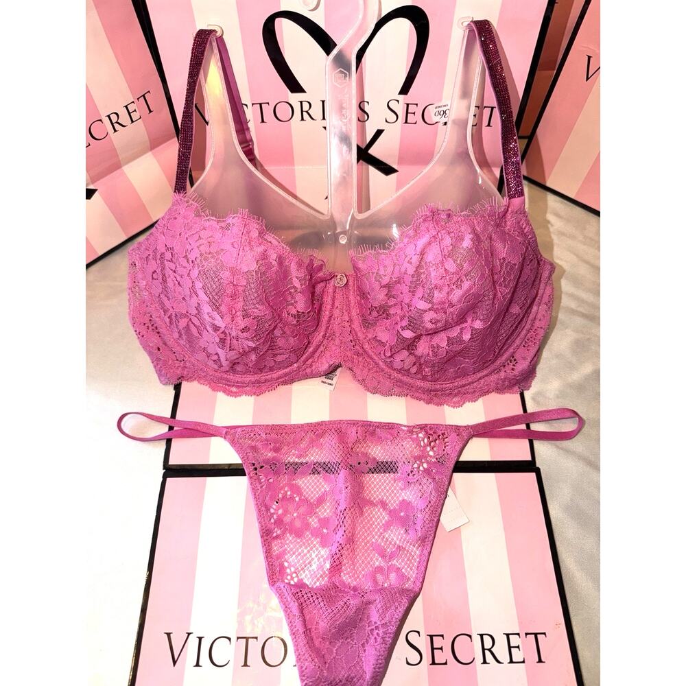 Victoria's Secret Bra Unlined Bling 36D Large V-String Pink Eyelash Lace
